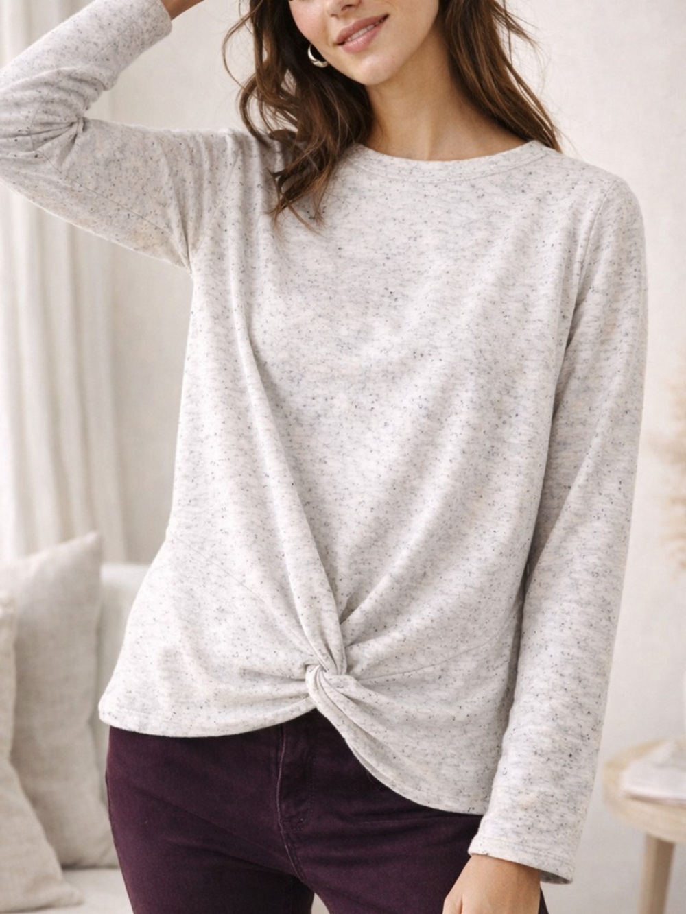 LOFT Speckled Gray Twist Front Sweatshirt Lightweight Top Casual Soft Pullover M